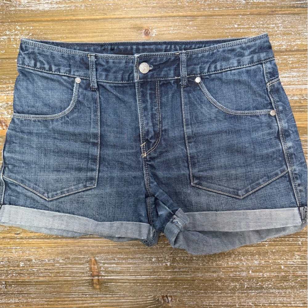 X2 High Waist Denim Shorts Dark Wash Cuffed Y2K Blue Jean Shorts Sz 6 Minimalist